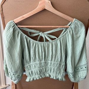 Altar'd State Green Puff Sleeve Crop Blouse